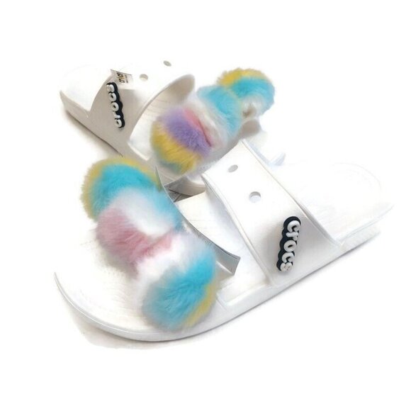 Crocs Classic Fur Sure Slip On Sandals Womens Size 11 Comfort Shoes White - Picture 3 of 8